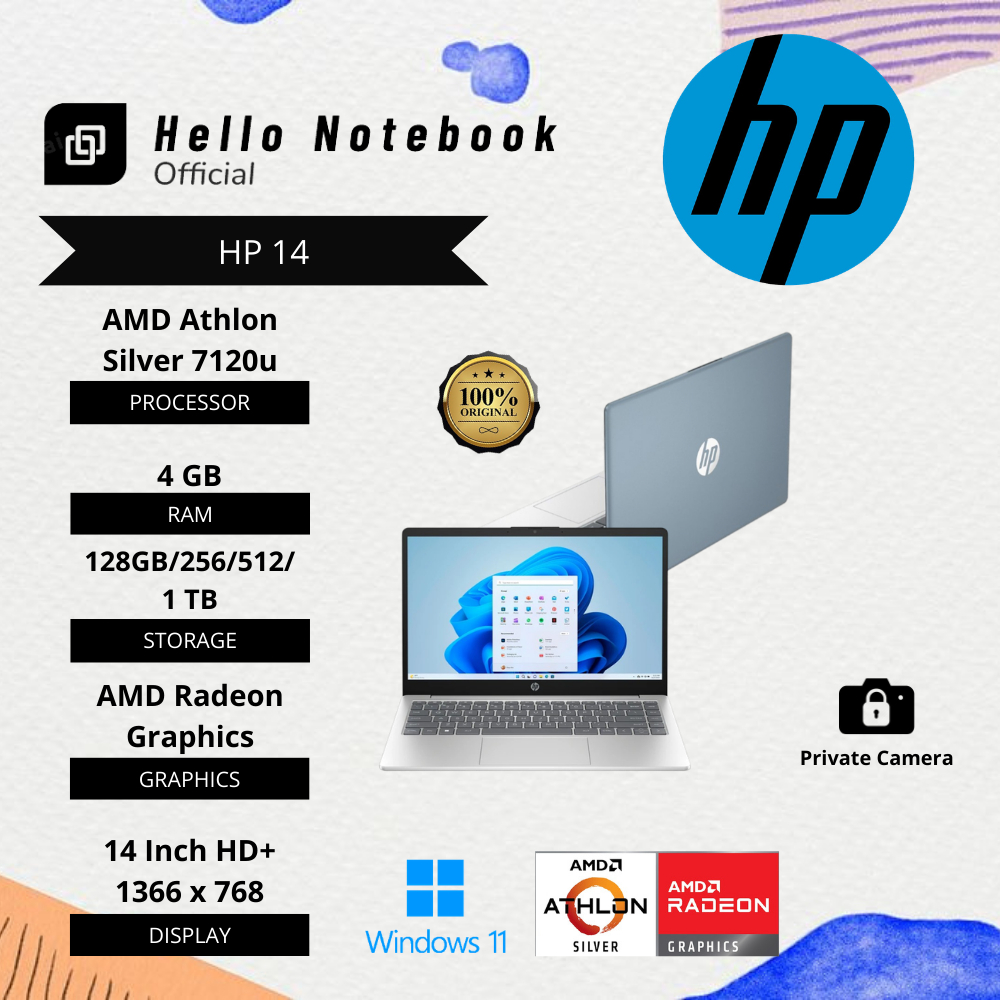 Laptop Baru Hp 14 Athlon Silver 7120u (2cpus, up to 3,5GHz) SSD