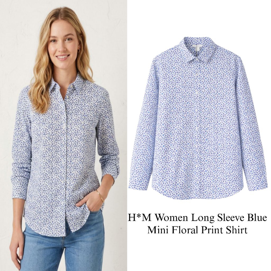 H*M Women Long Sleeve Blue Mini Floral Print Shirt/Kemeja Wanita Branded Fulltag/Kemeja  Terbaru