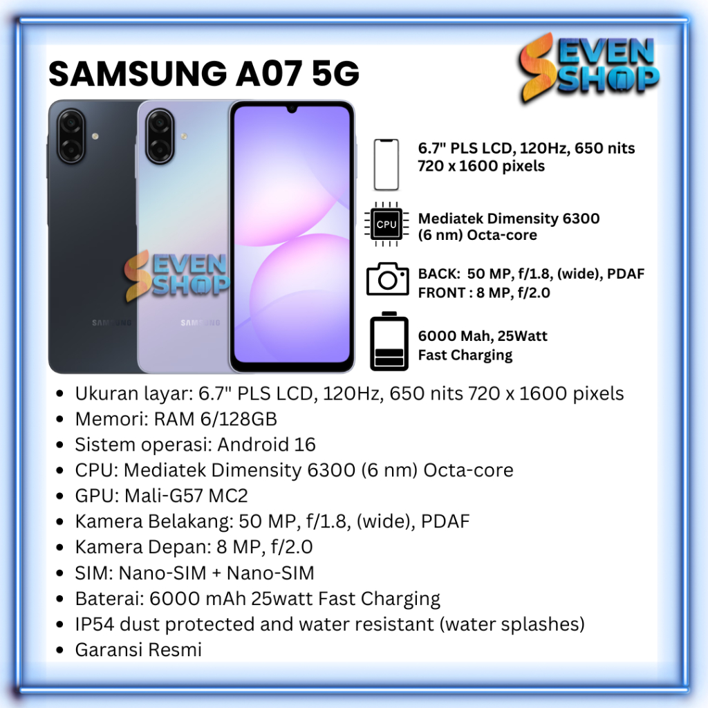 SAMSUNG GALAXY A07 5G RAM 6/128GB GARANSI RESMI 12 BULAN