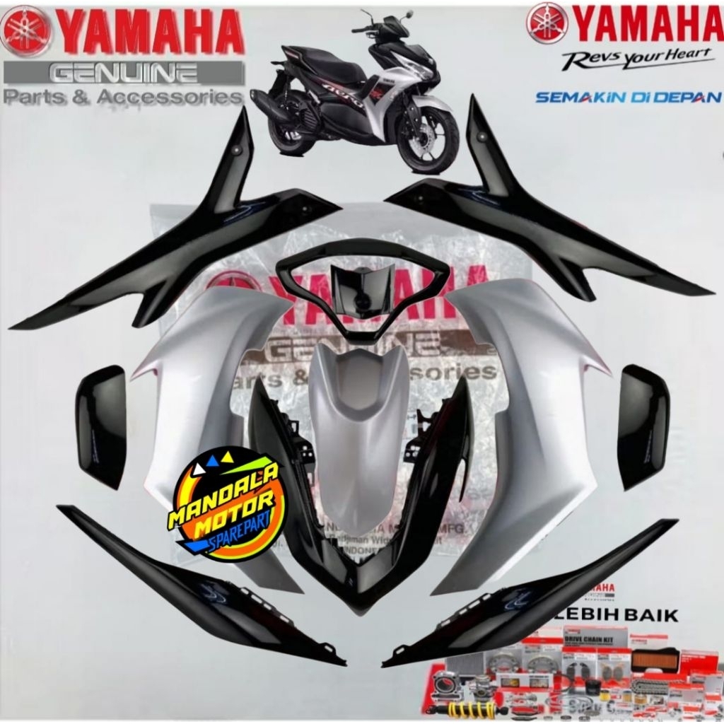 FUL FULL SET COVER BODY HALUS  NEW AEROX 155 CONNECTED BBP (12 PCS) SILVER GLOSSY HITAM ORIGINAL YAM