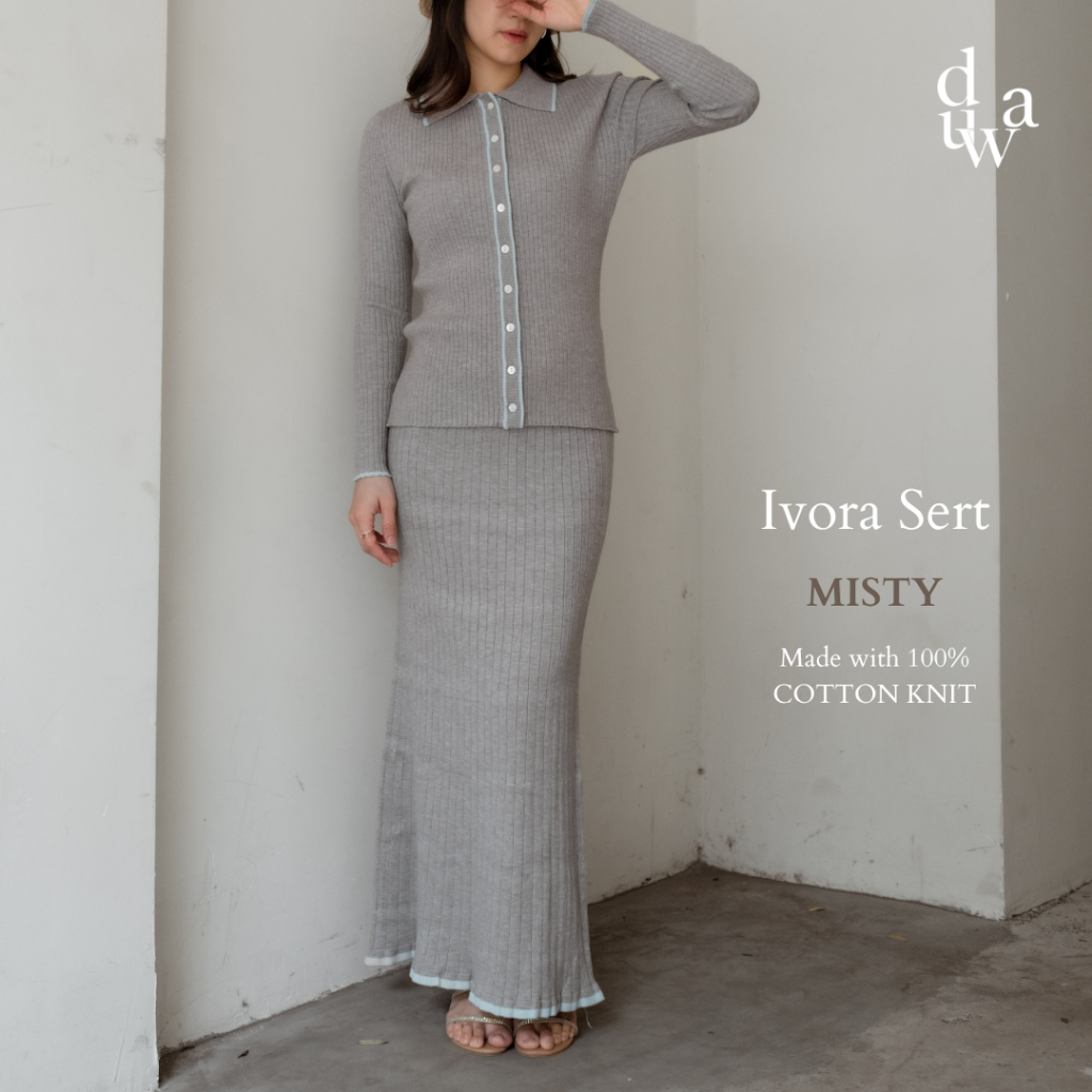 Duwa Ivora Set Premium Korean Knit Long Sleeves Shirt Maxi Skirt