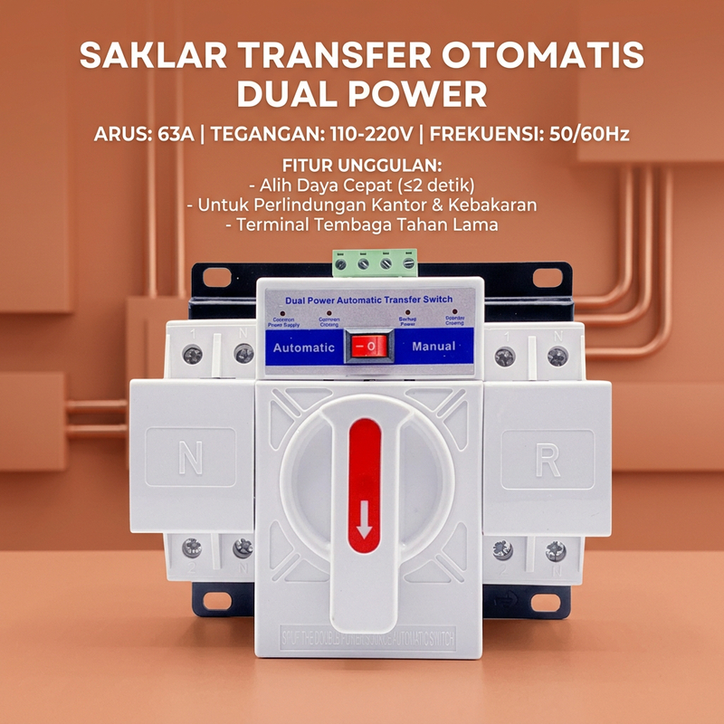 Saklar Transfer Otomatis 63A 2P 110v 220v 50Hz 60Hz Kekuatan Ganda Cangkang Logam Tahan Lama