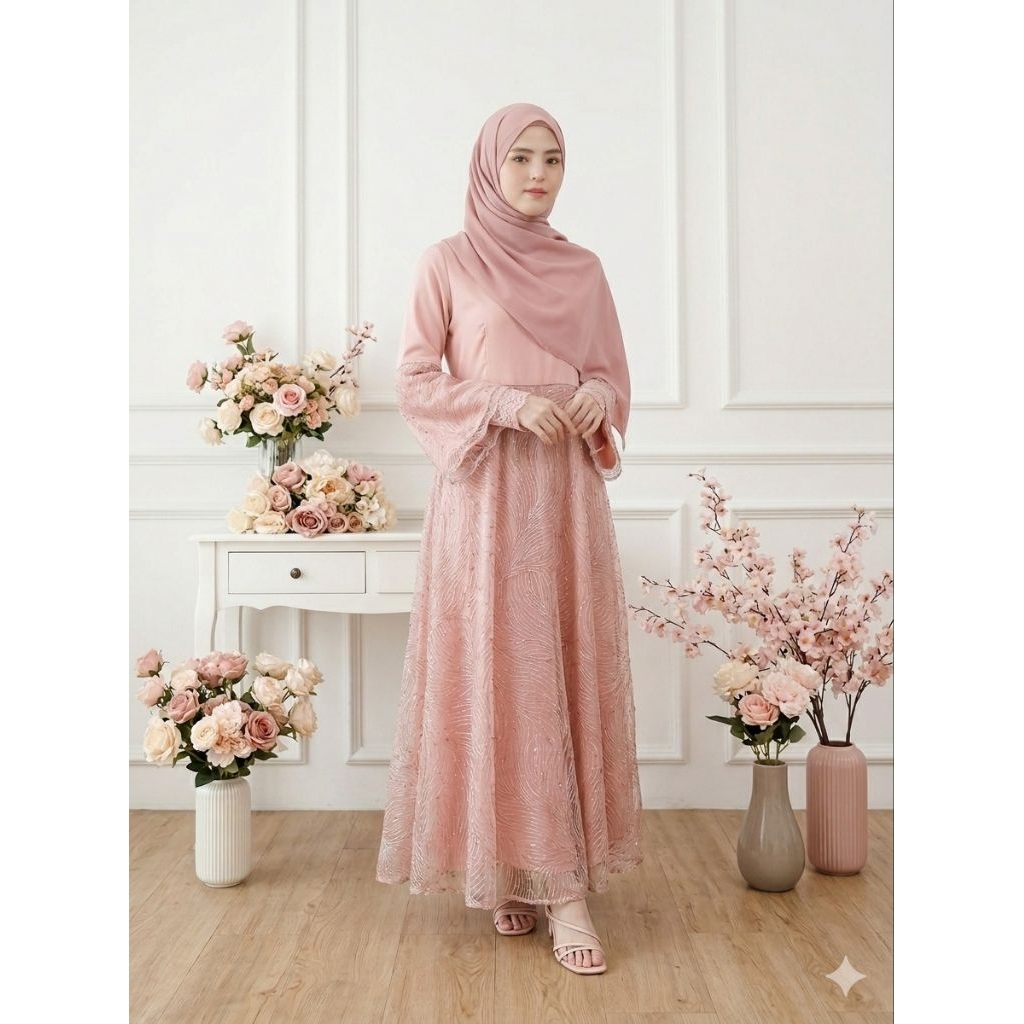 Gaun Pink Mekar Lengan Lebar