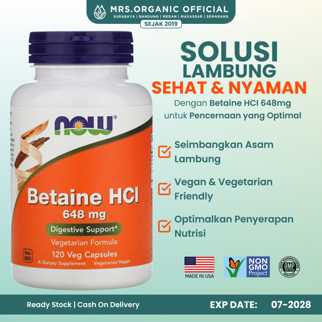 Vitamin Suplemen Betaine HCI 648 mg Now 120 Kapsul Vegetarian - Maag Gerd Kembung Pencernaan Sehat