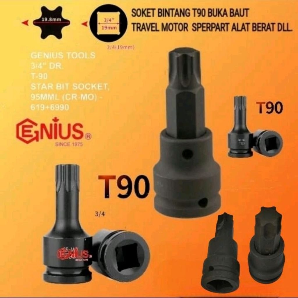 Genius Kunci Sok Bintang T90 3/4 Inch untuk Buka Baut Travel Motor Alat Berat & Sperpart