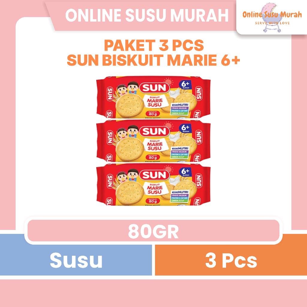 SUN PAKET 3 PCS BISKUIT MARIE SUSU 80GR TAHAP 6 + SNACK BISCUIT BAYI BISCUIT 80 GR 6+ PRLA