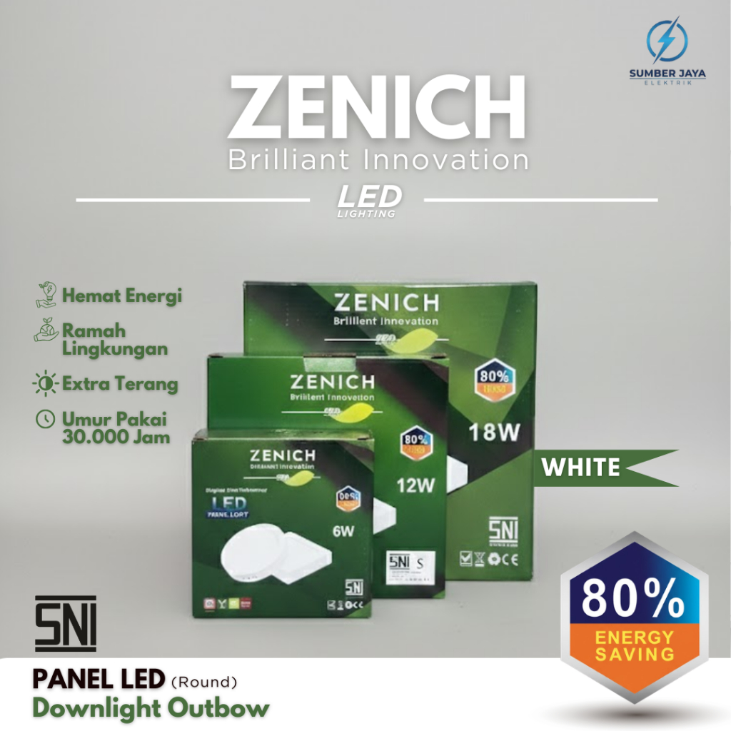 Zenich Green Downlight LED Outbow Bulat Putih 6W 12W 18W - Panel Plafon Tempel OB Slim  SNI