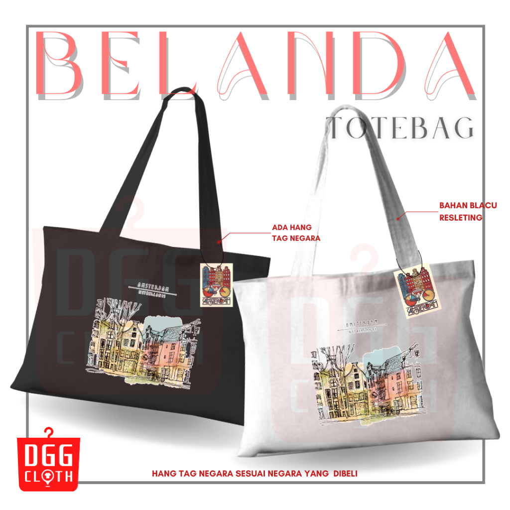 DGGCloth Tote Bag Belanda Amsterdam Totebag Sablon Oleh Oleh Belanda Bahan Blacu Premium Dengan Pere