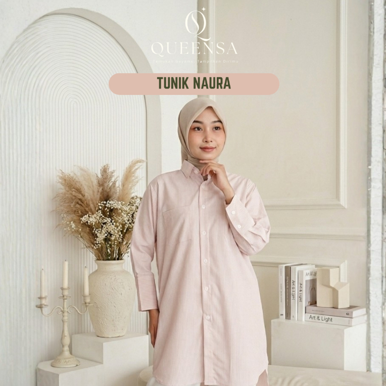 Tunik Lebaran Premium Butter Yellow Naura Tunik Salur Elegant Mewah Style Remaja Katun by Queensa