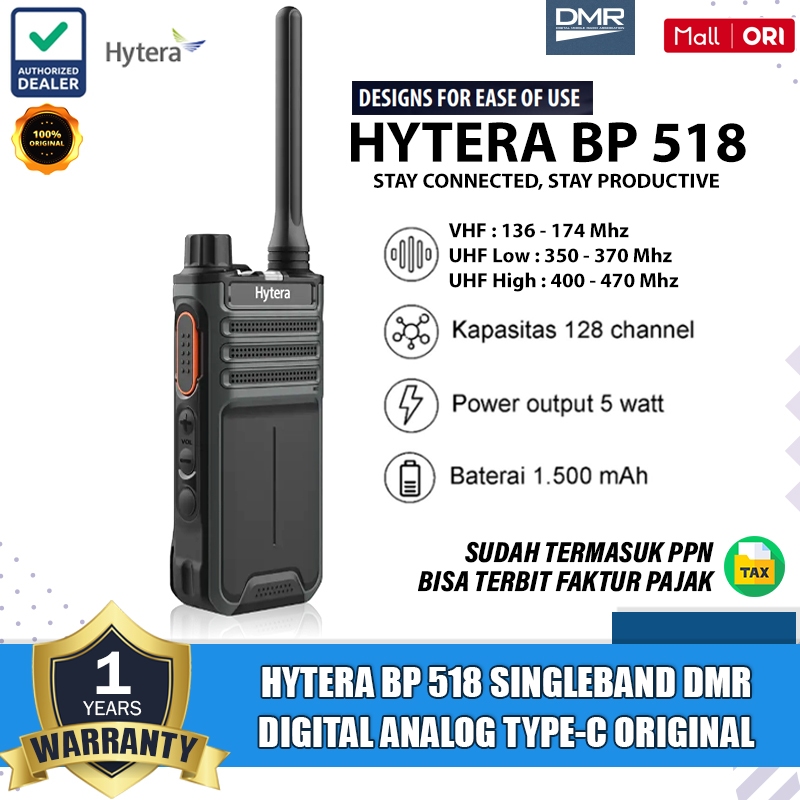 HYTERA BP 518 Singleband Analog Digital VHF UHF Ht Hytera BP518 Bp 518 Bp518 Original Garansi
