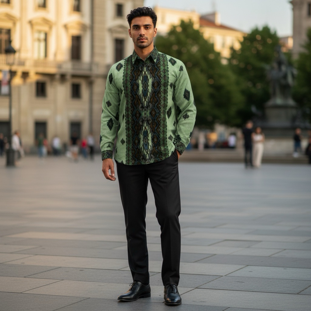 Sutra Putih - Kemeja Batik Tangan Panjang  Muslim Hijau Muda KTP2302008