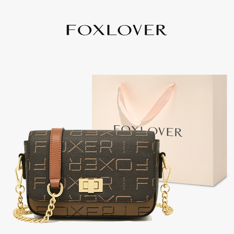FOXLOVER Tas selempang wanita  Elegan Tas rantai  Vintage Desain Tas persegi kecil Cokelat Putih