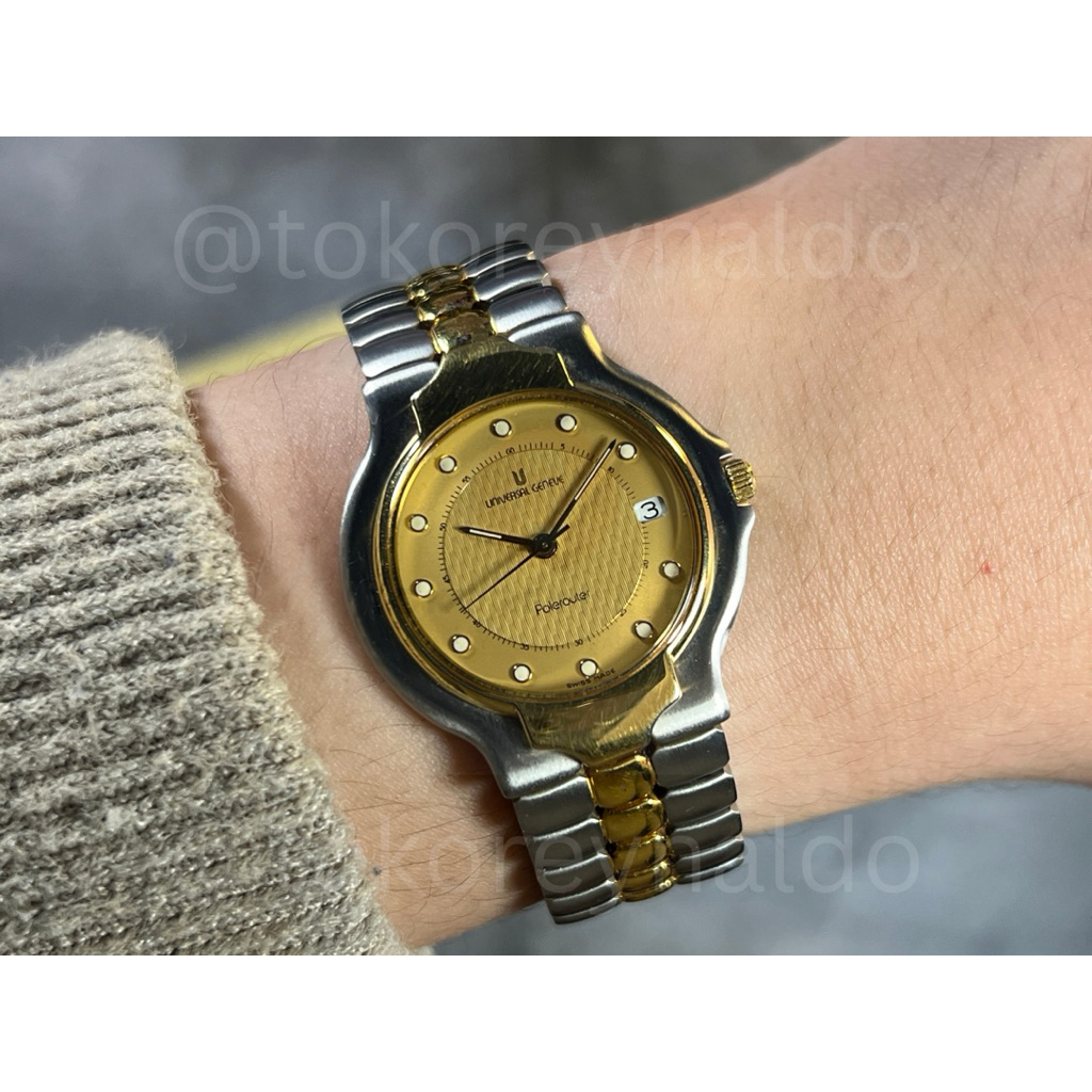 JAM TANGAN VINTAGE UNIVERSAL GENEVE POLEROUTER 677.085 TWO TONE 18K ELECTROPLATED G0LD TEXTURED DIAL