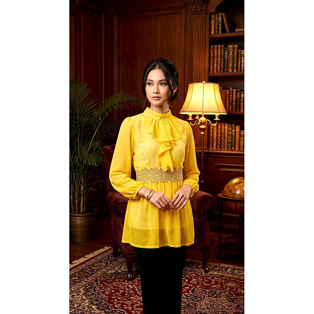 [PRELOVED] Dress Ceruti Premium Kuning Marigold - Detail Ruffle & Brokat Emas (Like New)