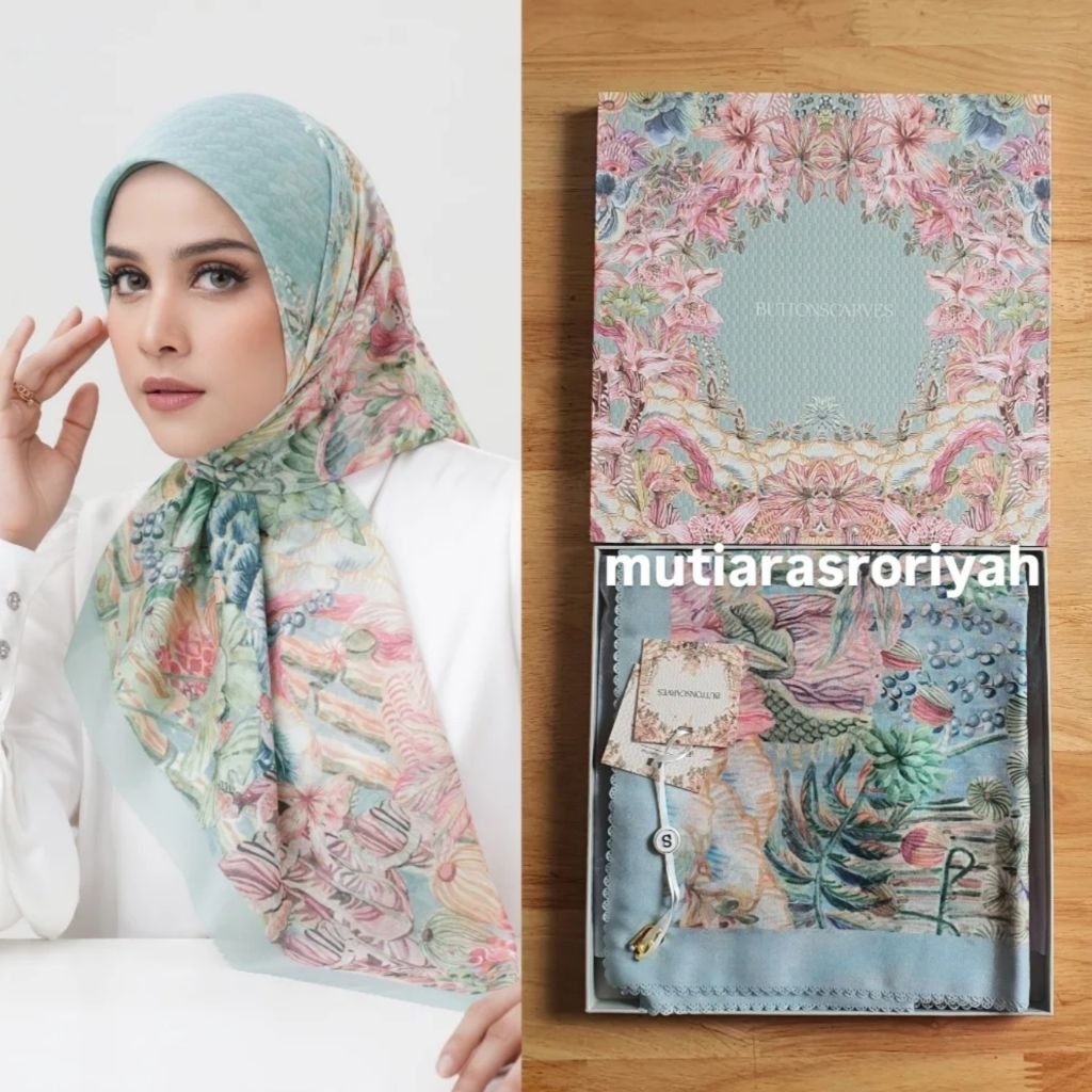 READY STOCK Buttonscarves Forestis Scarf Aquamarine Tosca Blue Sea Green Square Voal Voile New with 