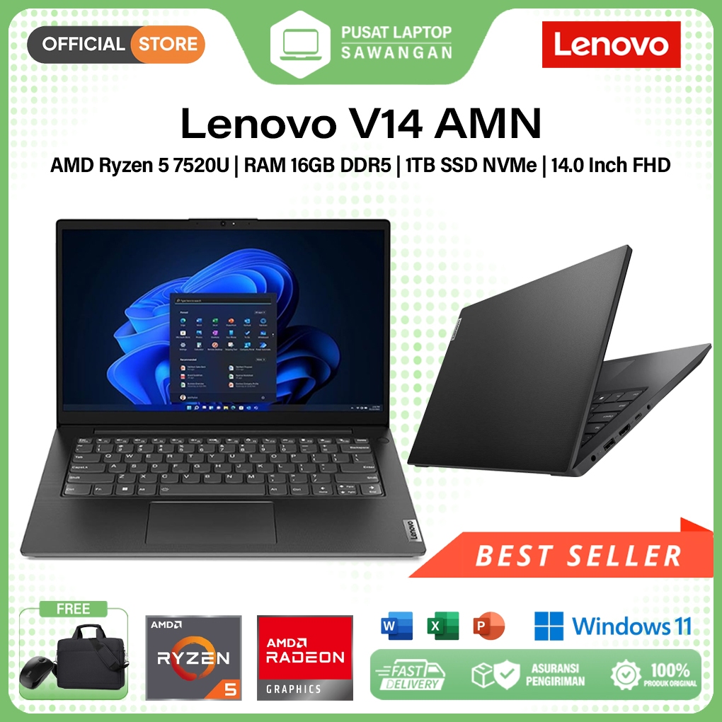 Laptop Lenovo V14 G4 Ryzen 5 7520U RAM 16GB SSD 1TB 14 Inch FHD Windows 11 Terbaru