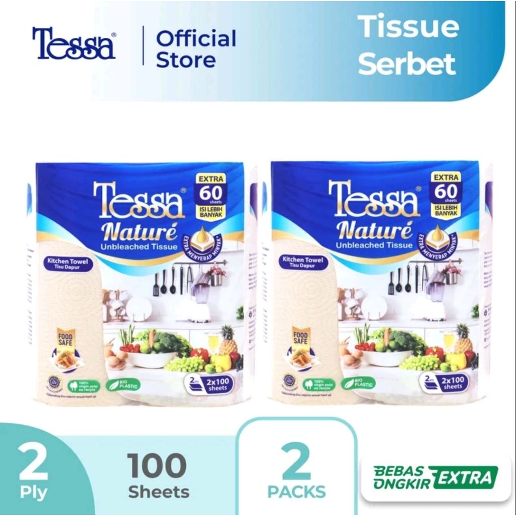 Tessa Tesa Nature Unbleached Kitchen Towel Tisu Dapur Extra 60 Sheets 4 x 100 Sheets Food Safe