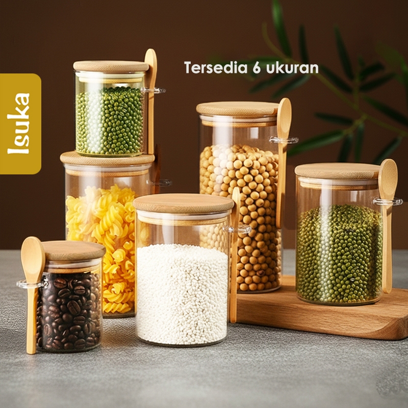 Toples Gula Teh Toples Kaca Tutup Kayu Dengan Sendok Jar Kaca Toples Bumbu Dapur Yuji