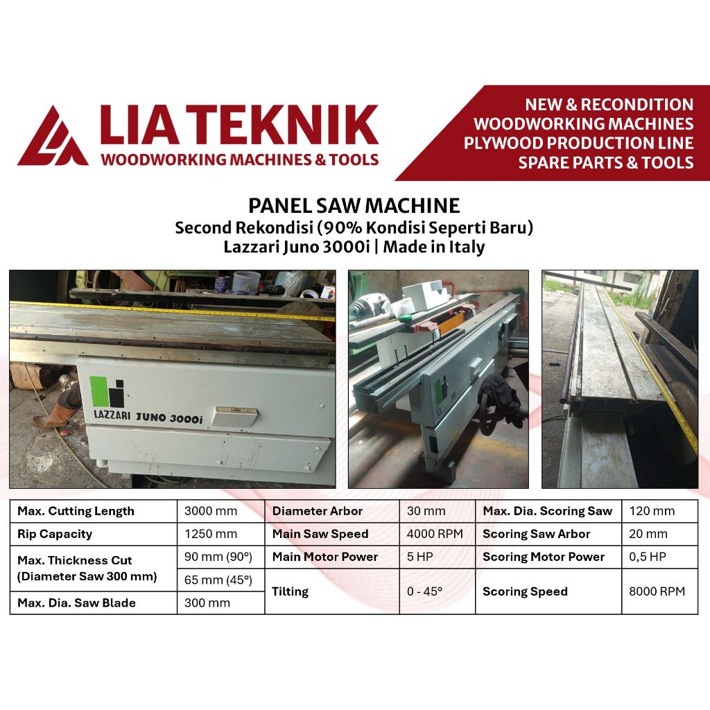 Mesin Panel Saw Lazzari Juno 3000i with Scoring Saw Second Rekondisi 90% Kondisi Seperti Baru Made i
