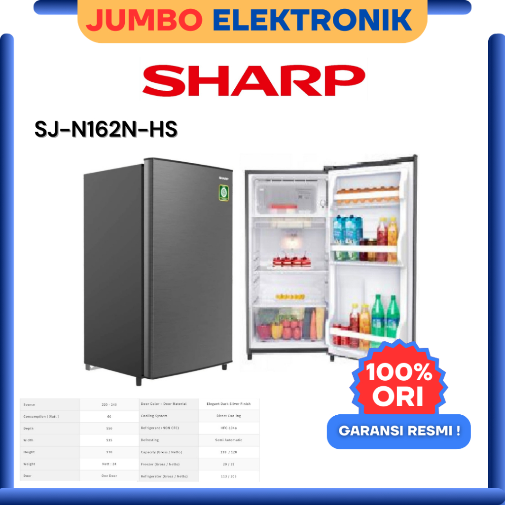 Sharp SJ-N162N-HS Kulkas Mini 1 Pintu Kapasitas 120 Liter Garansi Resmi 100% Ori Jumbo Elektronik