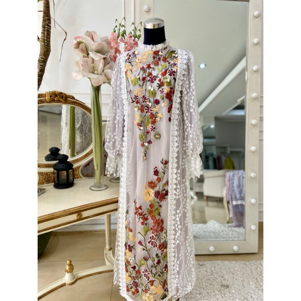 dress gaun makaio white baju wanita brokat bordir putih cewek | white gaun muslim | lemon green | pe