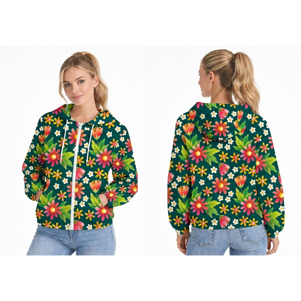 Jaket Parasut Wanita Motif Bunga Printing Jaket Premium Unisex Hoodie zipper