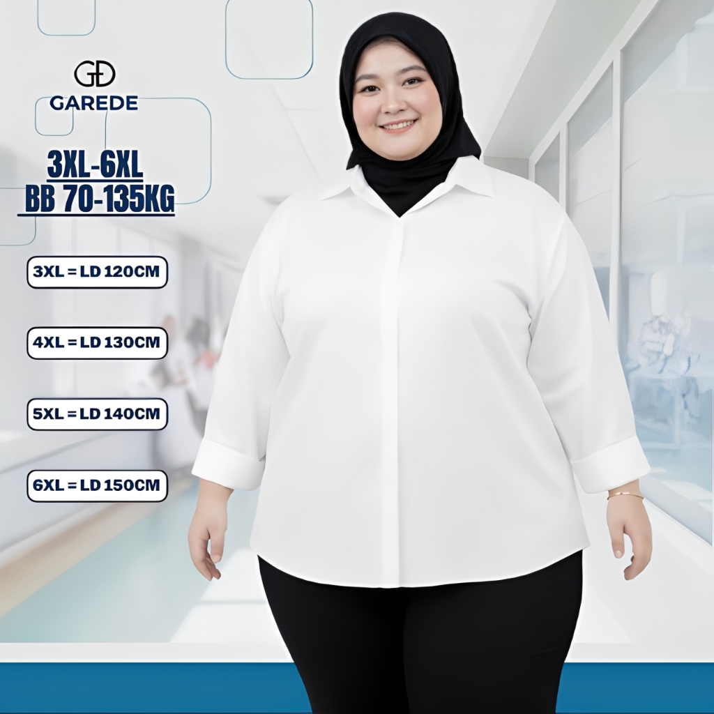 Garede - Kemeja Putih Wanita Lengan Panjang Polos Oversize Jumbo LD 120 130 140 150 Atasan Big Size