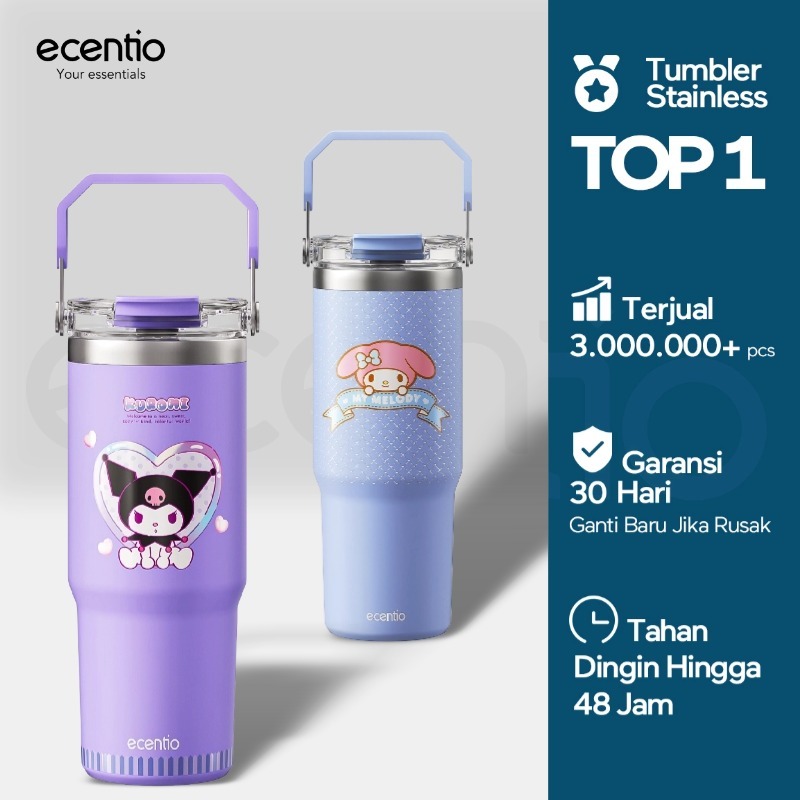 [ORI] ecentio tumbler stainless 900ml Sanrio Kuromi luch aesthetic tahan dingin 24jam botol dengan s