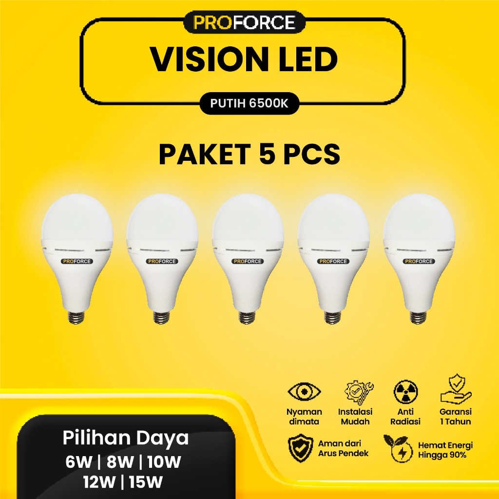 Paket 5 Pcs Proforce Bohlam Bola Lampu Emergency LED Warna Cahaya Putih Vision Tahan Lama Tanpa List