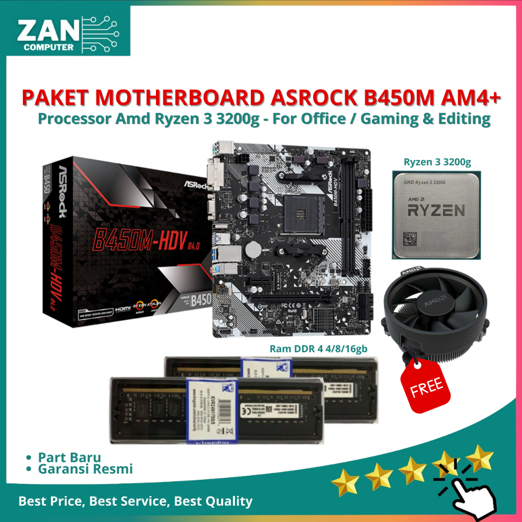Paket Motherboard B450M Asrock HDV R4.0 Socket AM4 DDR4 Support Ryzen 3 3200G M.2 NVME USB3.1 SATA3 