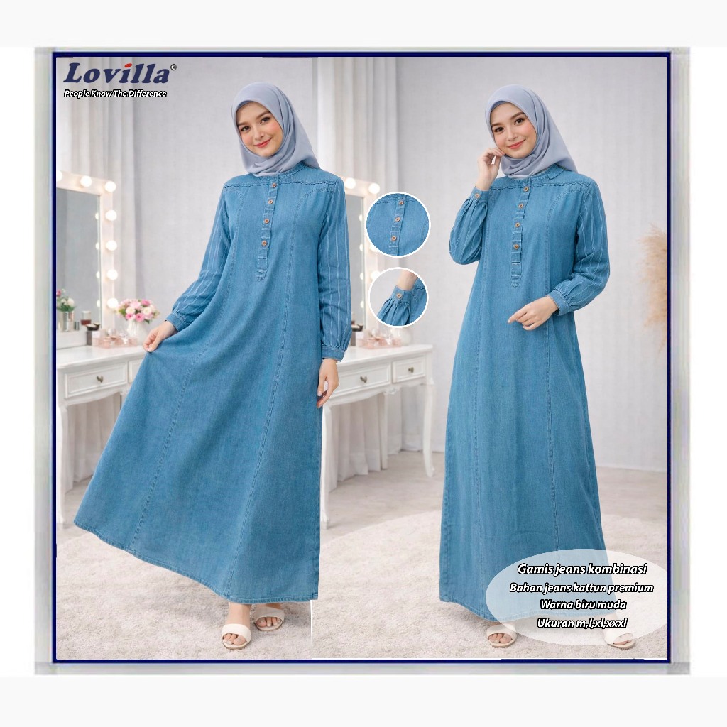 Lovilla fashion gamis jeans kombinasi salur jeans kattun premium warna biru muda ukuran m,l,xl,xxxl 