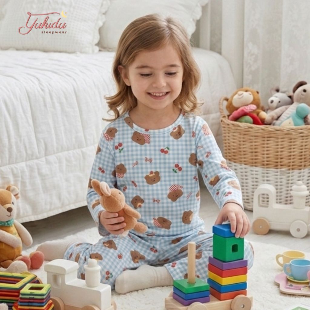 Yukidu Sleepwear Setelan Piyama Kids Bear Kotak - kotak blue Bamboo Organik