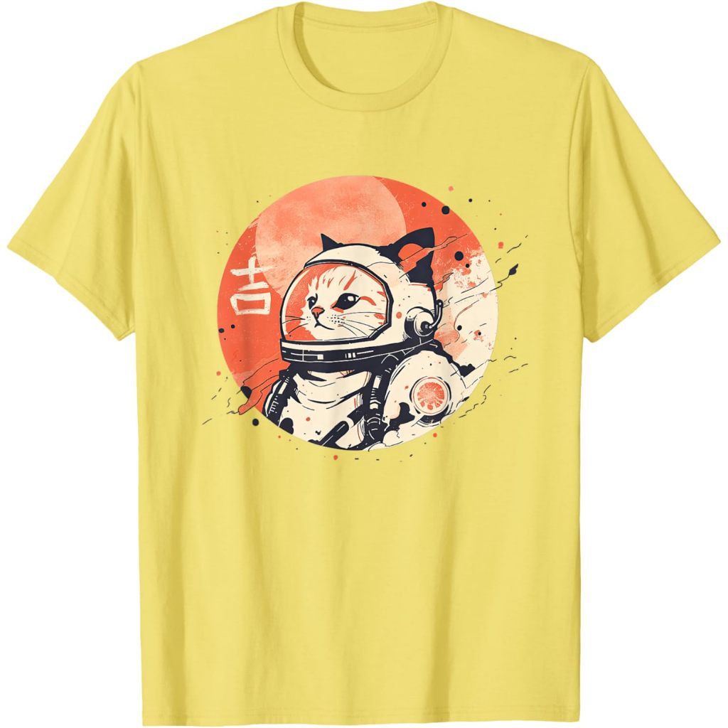 Kaos Japanese Minimalist 1950s Retro Space Cat Good Luck Kanji T-Shirt – Baju Vintage 90s Retro Pria