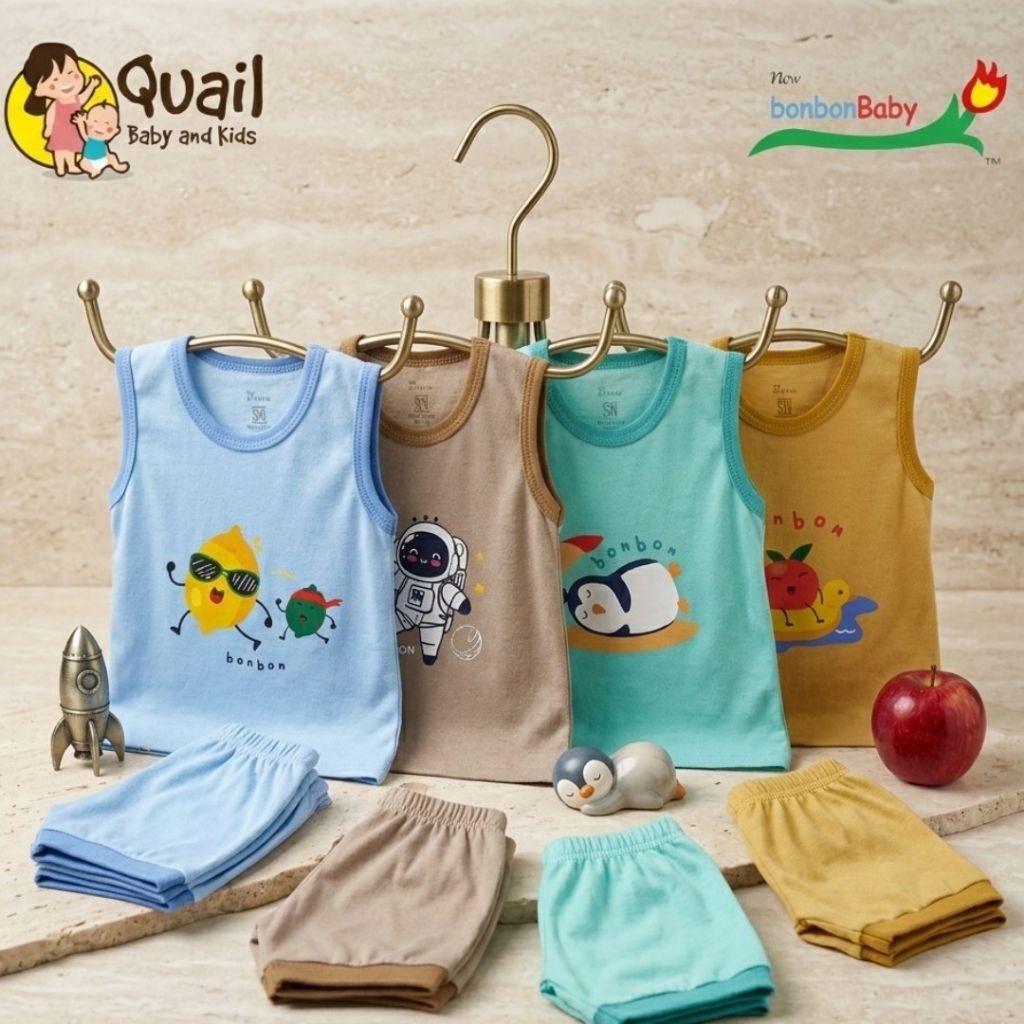 Quail Baby Shop Setelan Kutung Anak Bonbon Series Baju Bayi Lengan Pendek Motif Lucu dan Nyaman