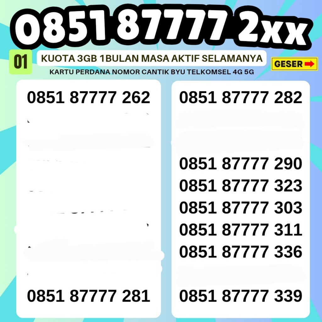 Kartu Perdana Nomor Cantik Telkomsel 4G 5G Nomor Cantik BYU Kuota 3GB 1bulan 24jam Kartu Perdana Int