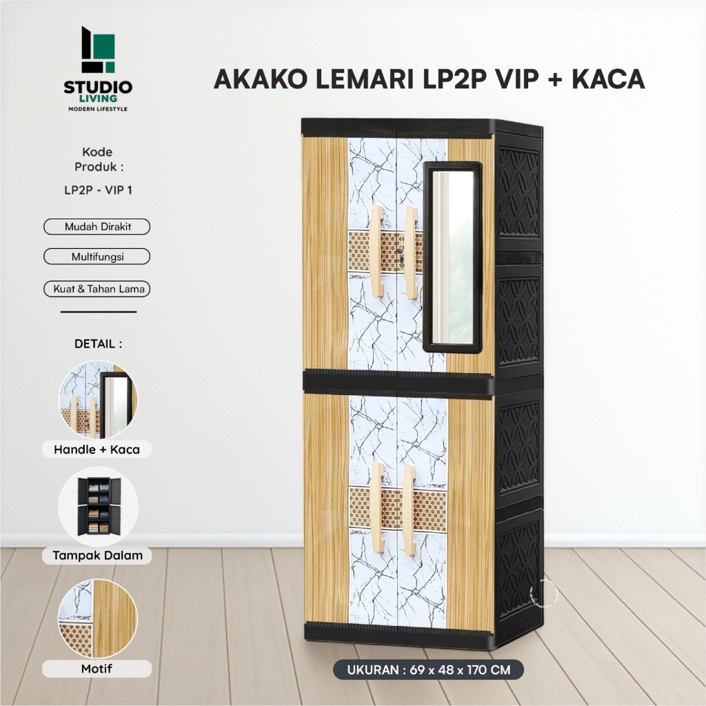 AKAKO - Lemari Pakaian Plastik Jumbo LP2P VIP + Pakai Kaca Gantung / Full Rak