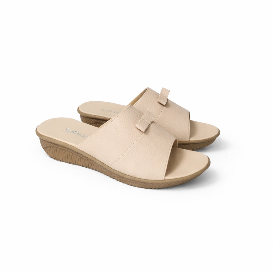 Wedges HR032 Beige Wanita Ibu-ibu Kondangan / Sendal Wedges Kulit Hak 3cm