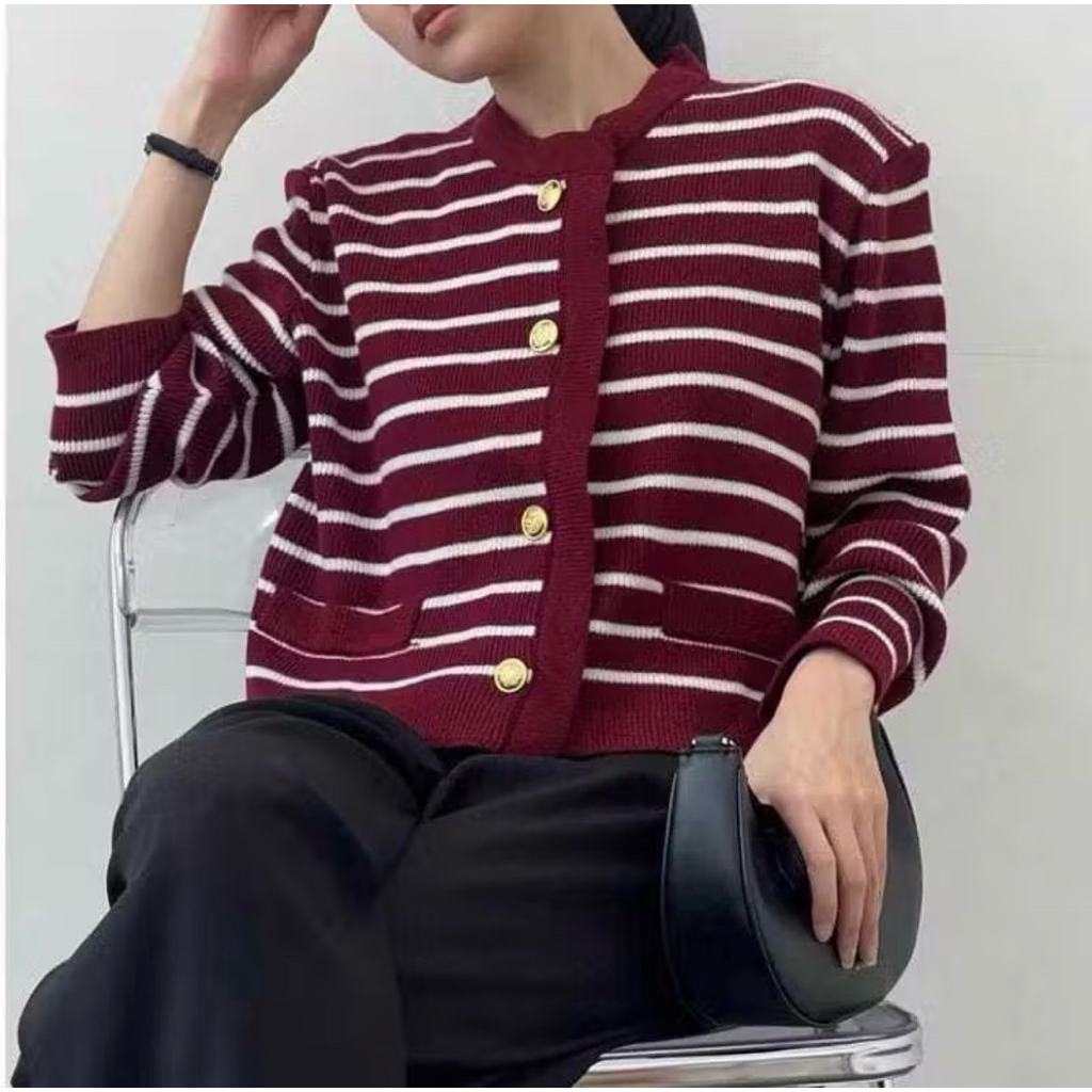 Rebecca Cardigan Rajut Wanita Premium Tebal Motif Stripe Korean Style