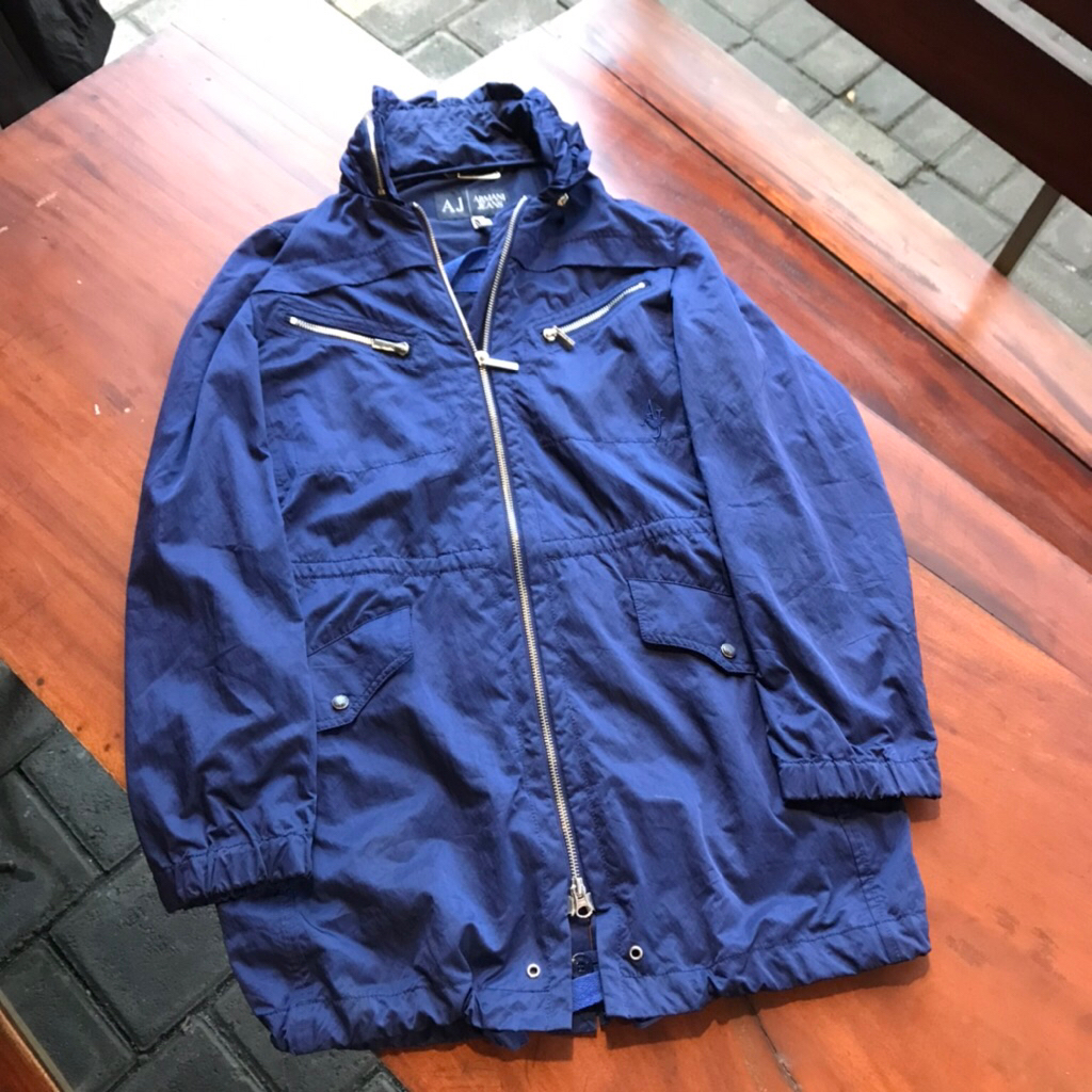 Armani Jeans Long Navy blue Coat Parka  With Fishtail On waist  Size M