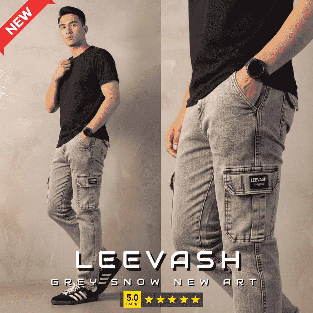 LEVASH Celana Denim Slimfit Jeans Cargo pria warna Grey Snow