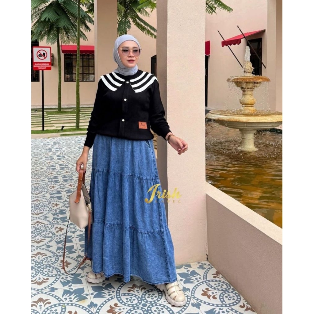YOLLA SET BY IRISH LABEL SET ATASAN CARDI ROK JEANS UMBRELLA CARDIGAN ONLY ROK ONLY OOTD CANTIK ELEG