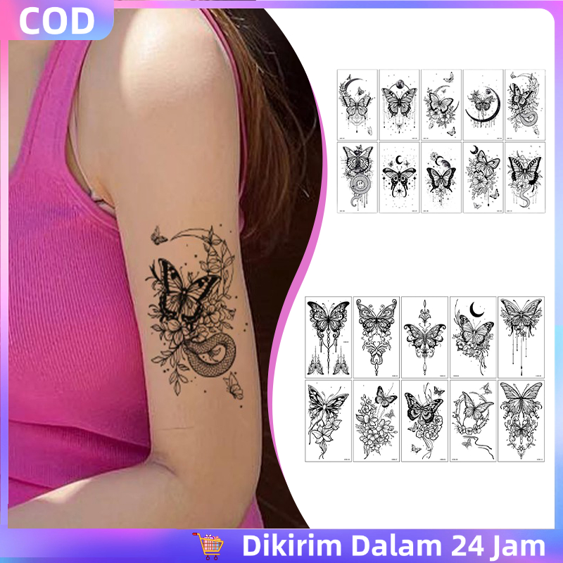 10pcs Tato Temporer Cantik Tahan Air Hitam Mewah Tato Kupu Kupu Tahan Lama Elegan Dan Estetis Tato T