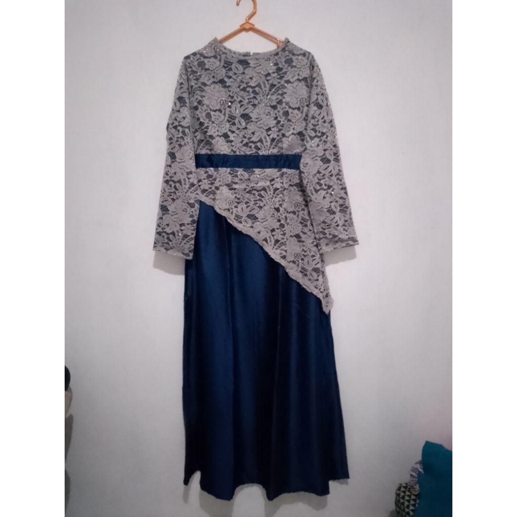 [PRELOVED] Dress Brukat | Gamis Brukat Pesta | Dress Pesta Wisuda Navy Brokat Grey Abu