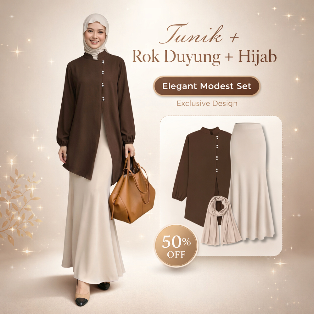 Outfit Lebaran Oneset Tunic Hijab Style Terbaru (Tunik Mahogany + Rok Duyung + Hijab) - KHS193