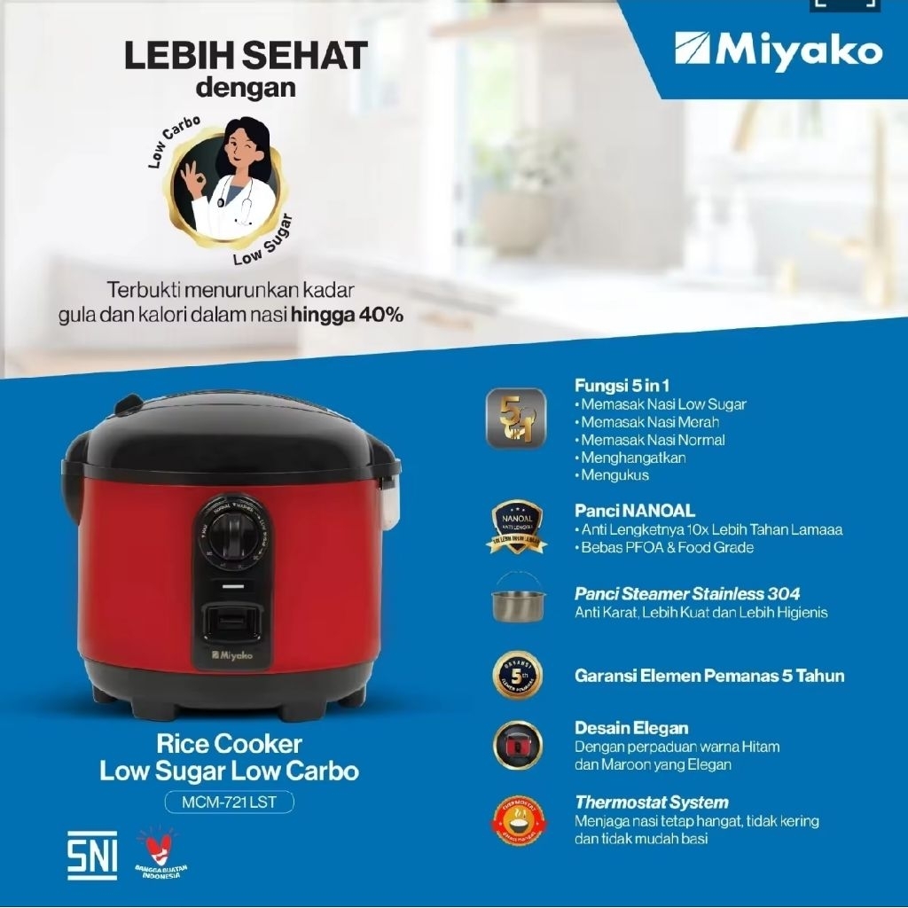Miyako MCM-721 LST Rice Cooker Low Sugar 1.8 Liter 5 in 1 - Red