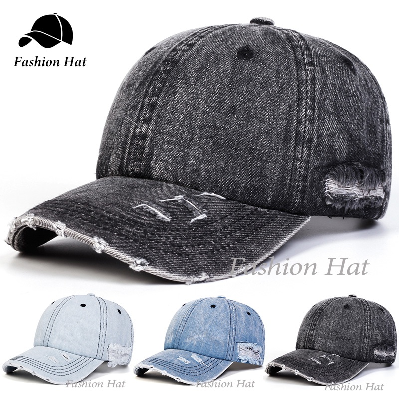 Topi Bisbol Denim Sobek Bahan Katun, Topi Bisbol Denim Modis Bahan Katun Sobek