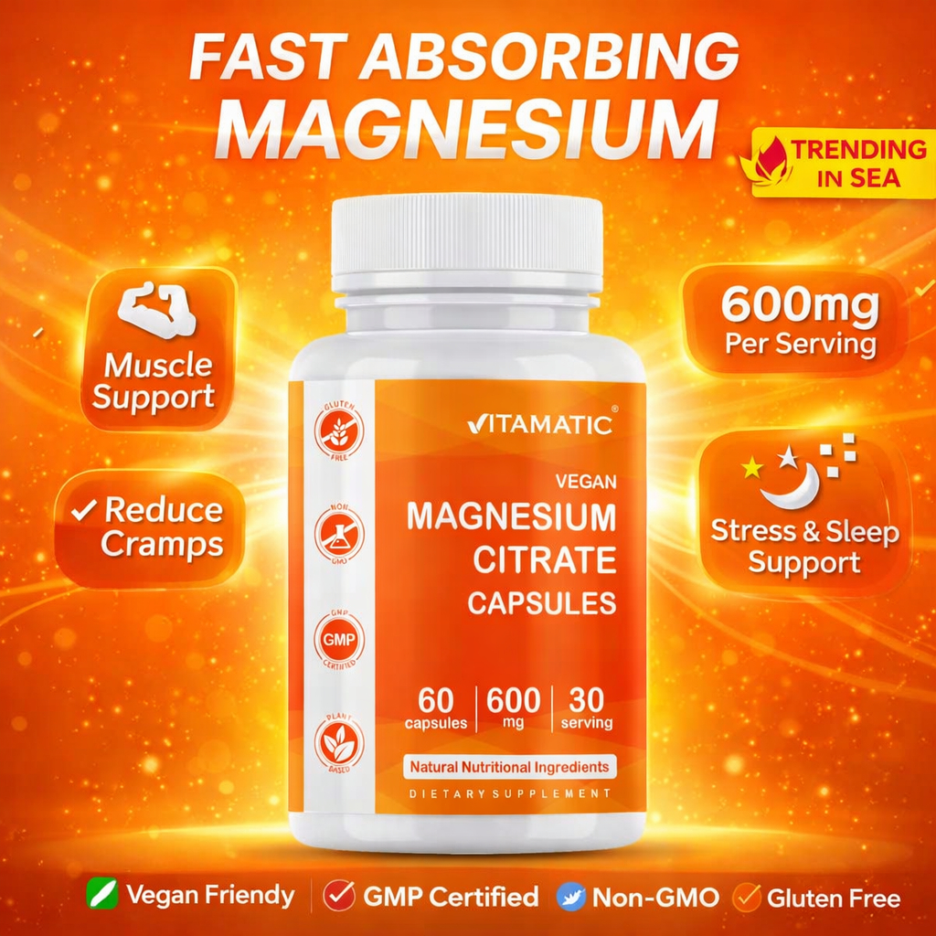 Vitamatic Magnesium Citrate 500mg per Serving | 60 Kapsul Vegetarian 150mg Magnesium Elemen | Diperk