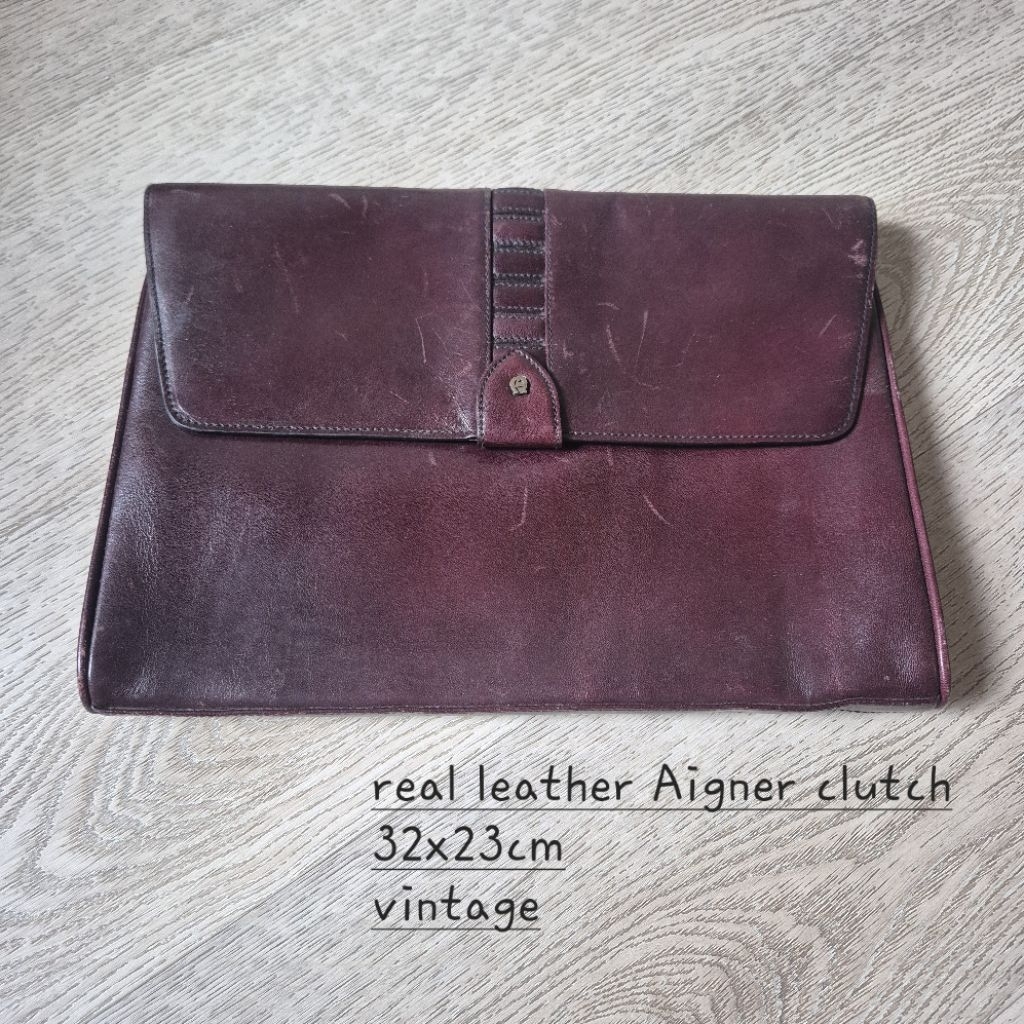 Preloved vintage authentic Aigner clutch bag burgundy genuine leather document portofolio