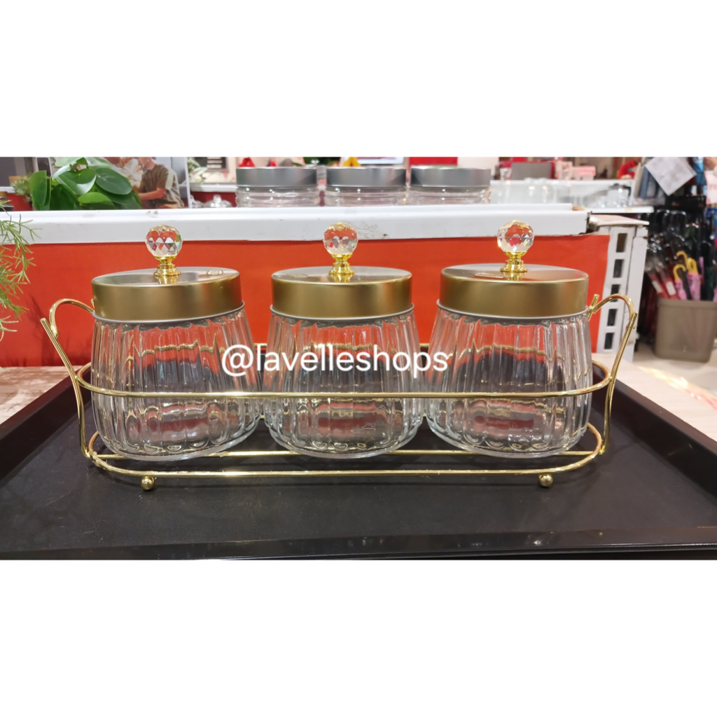 AZKO Culinart Crystal Stoples Kaca 480 ml Dengan Rak Transparan - Gold Jar - Toples Lebaran Canister
