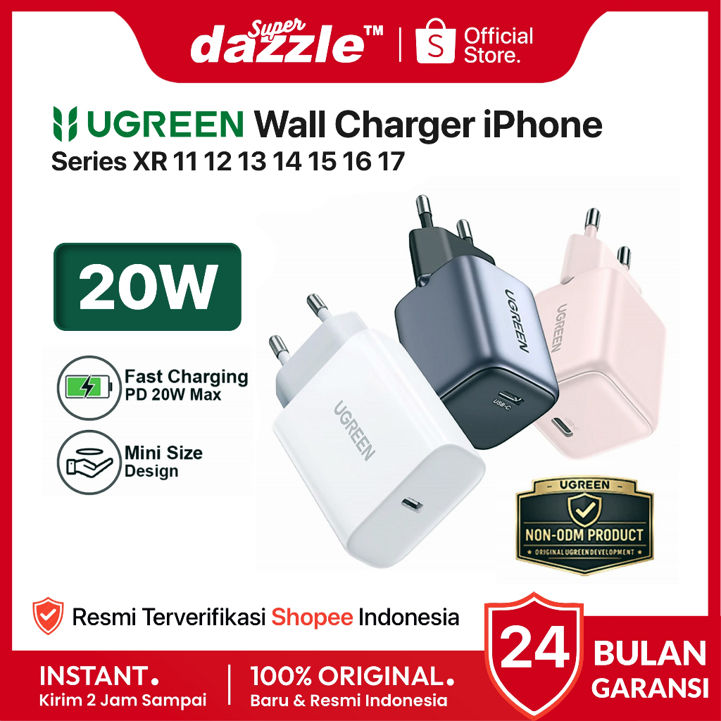 UGREEN Kepala Charger iPhone XR 11 12 13 14 15 PD 20W 30W 45W Ori Fast Charging Type C GaN Original